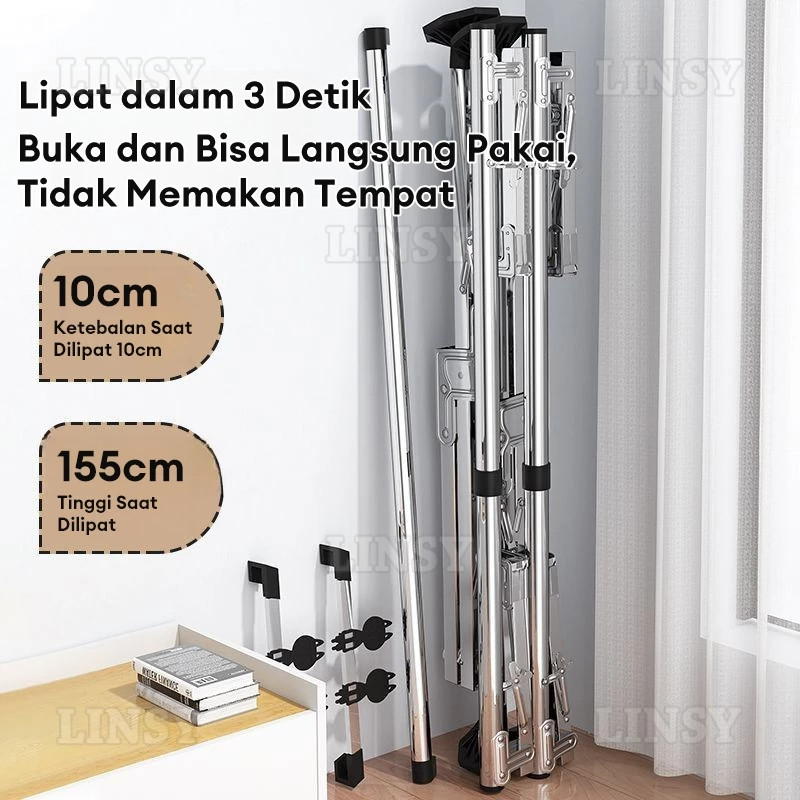 Jemuran Baju Lipat 5 Tiang Dengan Roda Jemuran Baju Lipat Stainless Steel Jemuran Pakaian