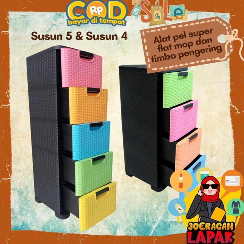 LEMARI LACI PLASTIK TRIVIA SUSUN 4 DAN 5 MOTIF ROTAN SOROKAN TARIK DORONG BOX CONTAINER BOX