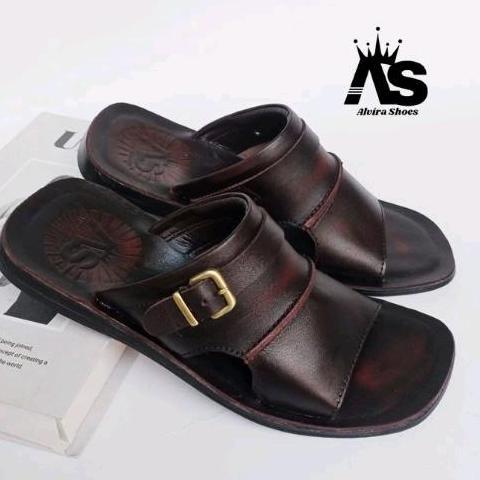 Kingg- Sendal Pria Kulit , Sendal Kulit , Sendal Kulit Trend Masa Kini Hitam Sandal Pria Kulit Outso