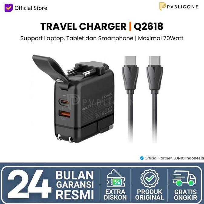 LDNIO Desktop Travel Charger Q2618 Colokan Universal USB A + Type C 65W GaN Fast Charging