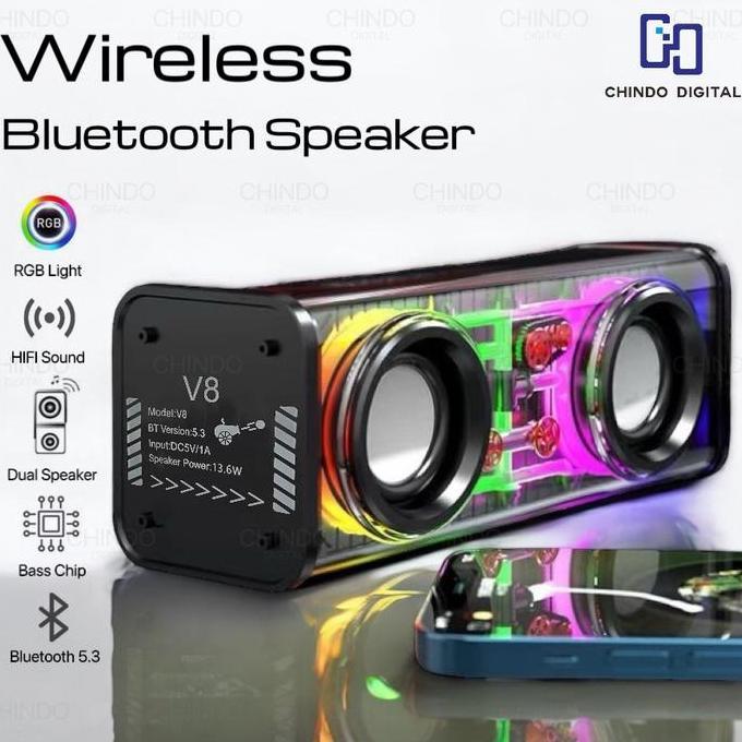 Speaker V8 Bluetooth Double Speaker Transparant Subwoofer Music Speaker RGB LED Light Mecha Speker -