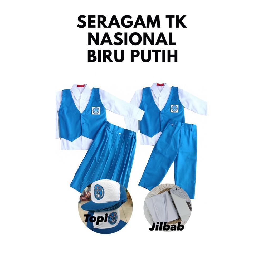 Best Seller Seragam Tk Nasional Biru Putih Panjang (Include Topi - Jilbab - Dasi)