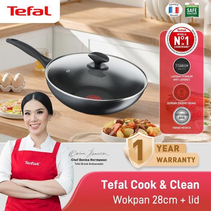 Tefal Wajan Penggorengan Anti Lengket Cook & Clean Wokpan 28cm + Tutup