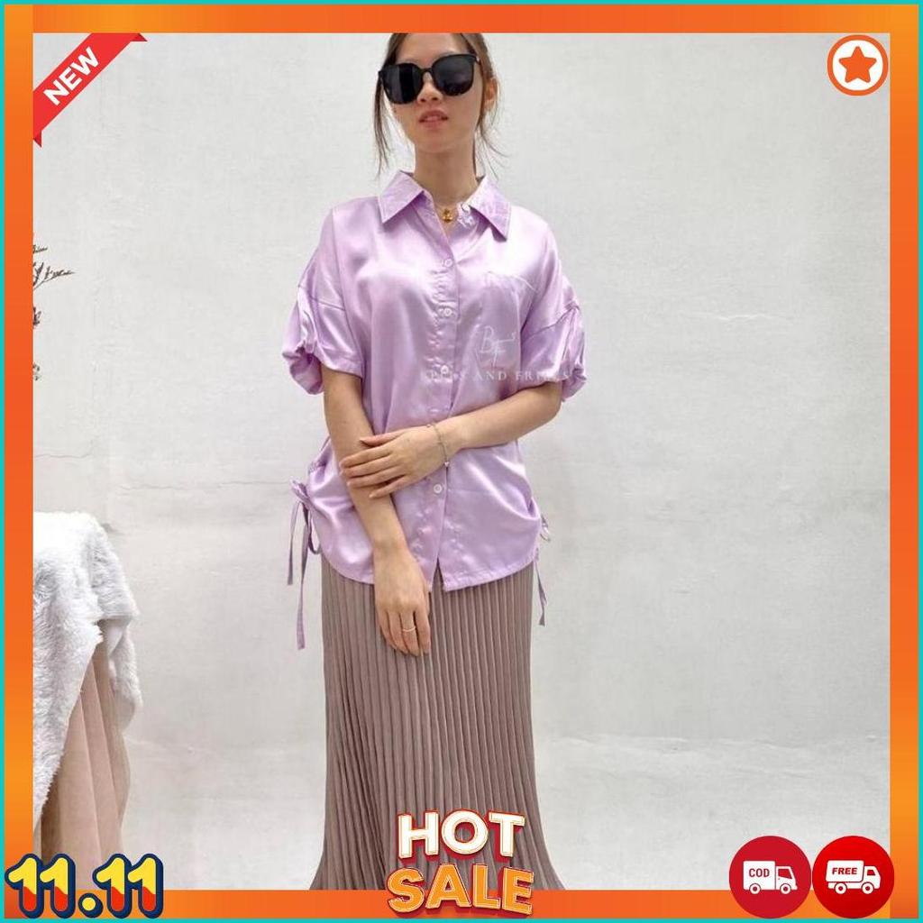 KALFI Blouse Satin Kerah V Neck / Puffy Top Satin / Atasan Serut / Kemeja Kantor Blouse Casual 0459 