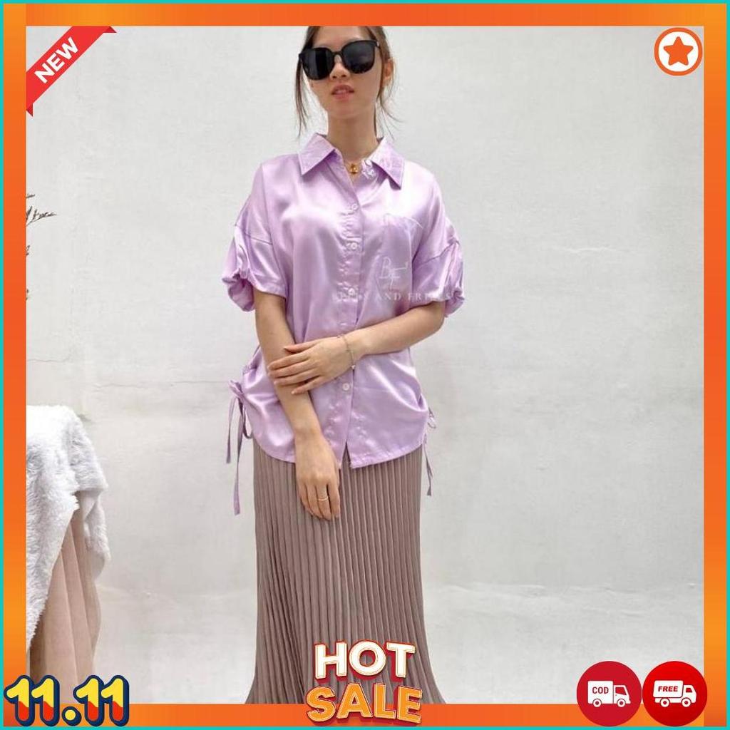KALFI Blouse Satin Kerah V Neck / Puffy Top Satin / Atasan Serut / Kemeja Kantor Blouse Casual 0459 