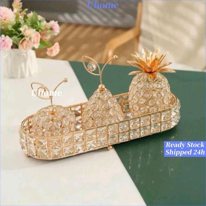 CARACAV 3PCS Ornament Kristal Buah / Pir/Nanas /Apel / Nampan Kaca Kristal Ornament Crystal Buah