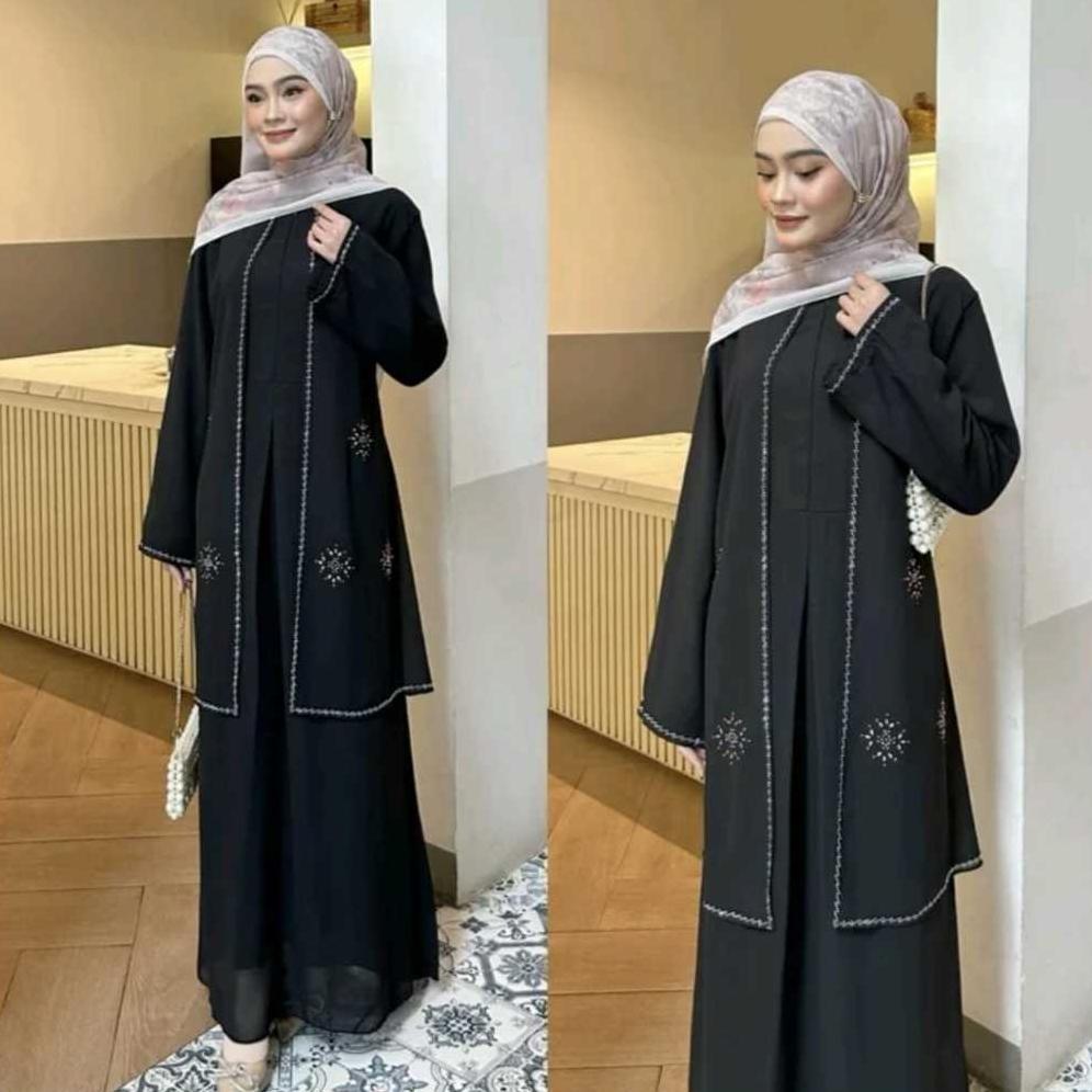 Hemat Safiya Abaya Dress Tanpa Hijab Ceruty Motif Swarovski Hitam Coklat Mahogany Remaja Dewasa Aest