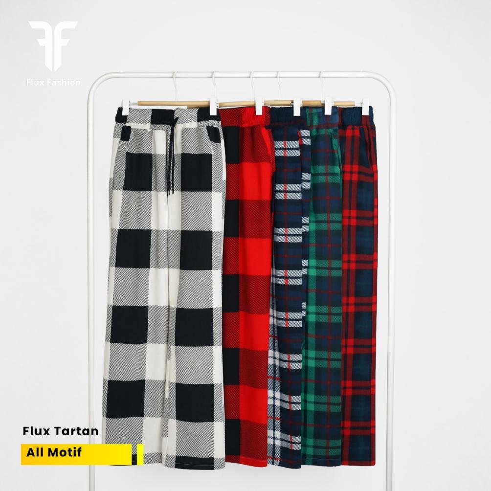 Saless Tartan Celana Panjang Unisex Motif Kotak Kotak Putih Hitam / Celana Tartan Korea Style /Pria 