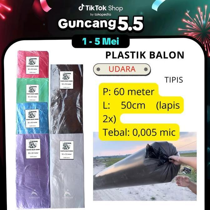 Plastik Balon Udara Cacing Panjang Wonosobo 50x60 meter Warna - Merah Hijau Biru Ungu Hitam Putih