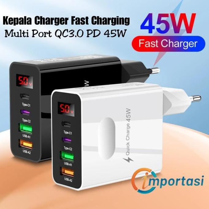Kepala Charger USB Type C 4 Port Fast Charging QC3.0 PD 45Wb iPhone Hitam