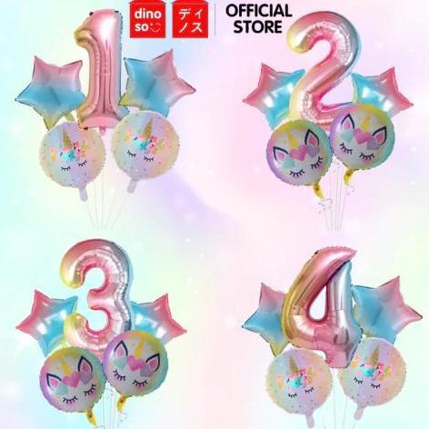 DINOSO Balon Paket Unicorn Lucu isi 5Pcs Balon Angka Jumbo Unicorn Gradasi Pelangi Dekorasi Ulang Ta