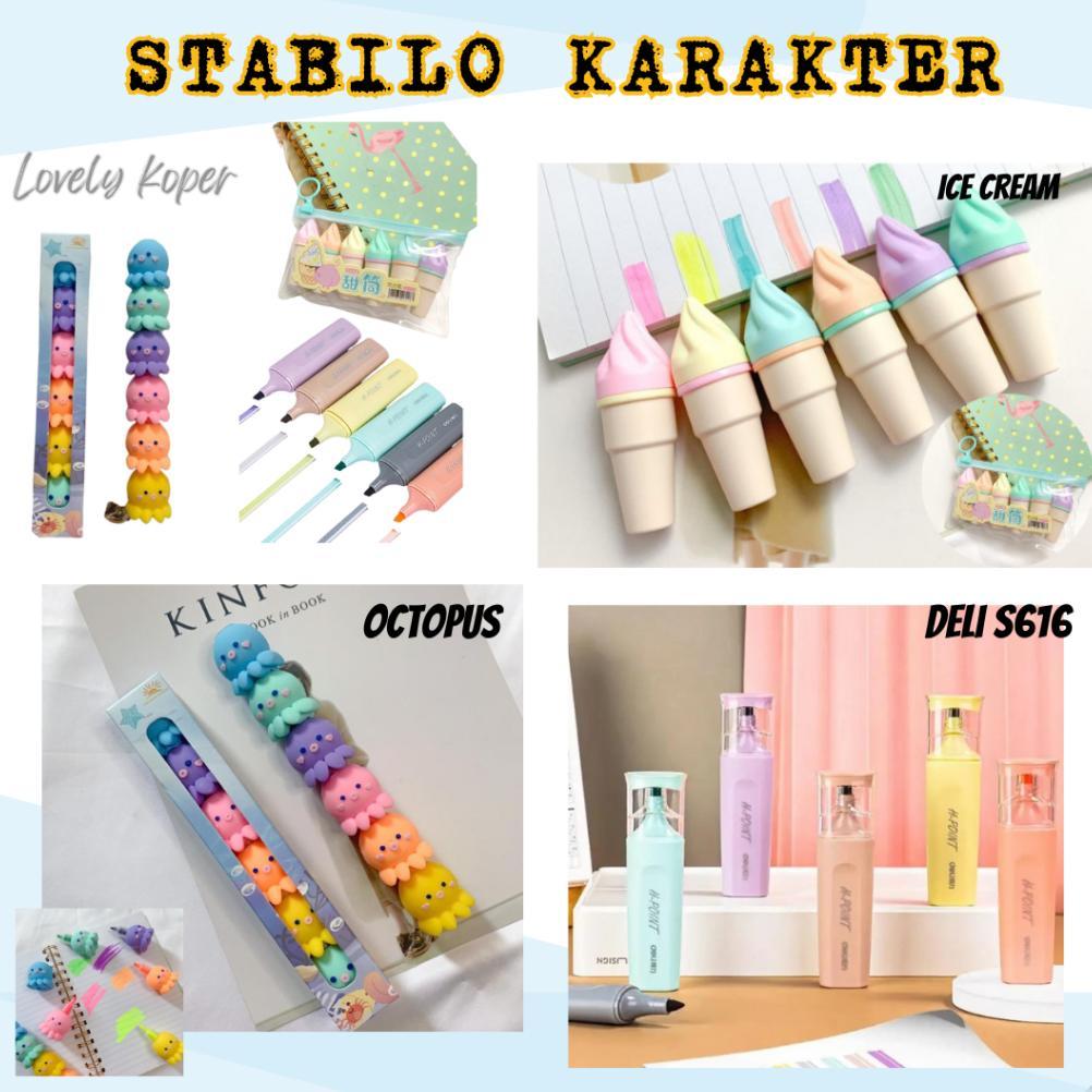Stabilo Deli Stabilo Highlighter Set Karakter Lucu Alat Tulis Korea Impor Ubur Ubur Gurita Octopus E