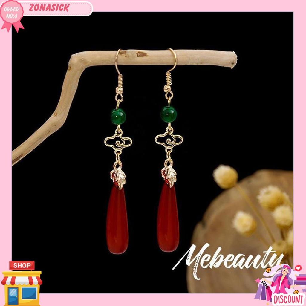 Mebeauty Anting Wanita Cheongsam Retro China Awan Permata Hijau Tetesan Merah Tua Cantik Z1265 Produ