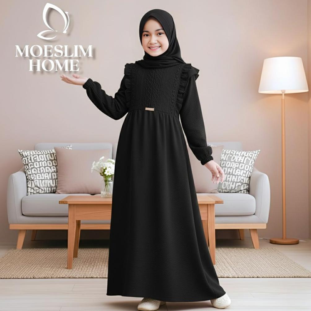 EXCLUSIVE Gamis Anak Set Hijab 5-13 Tahun Bahan Crinkle AIrflow Import Mix Brukat Malika Gamis Lebar