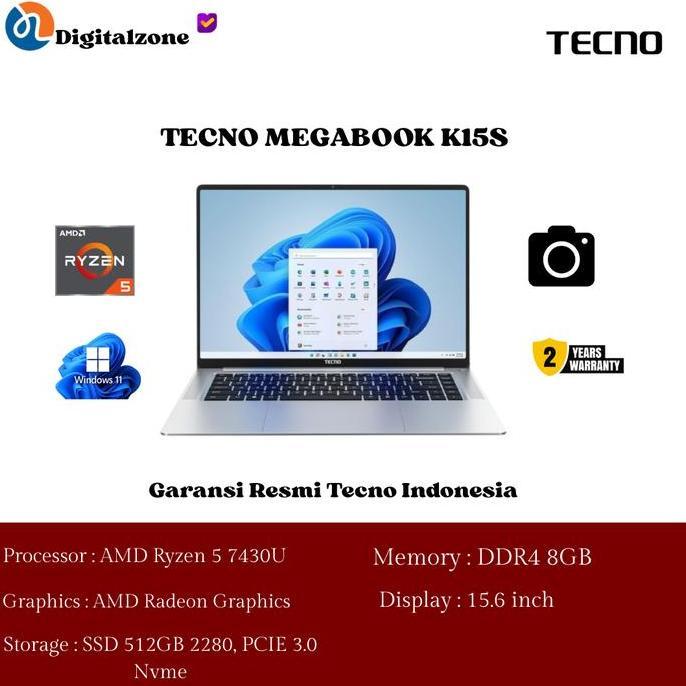 TECNO MEGABOOK K15S Ryzen 5-7430U 8GB 512GB 15.6" FHD sRGB 100% W11