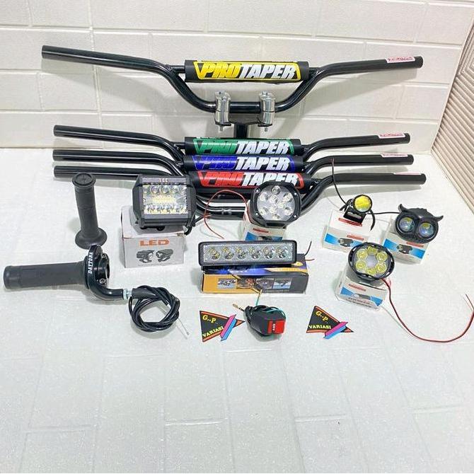 Paket lengkap stang crf D-Tracker Hitam+dudukan/adaftor stang+gas spontan daytona polos+lampu LED bo