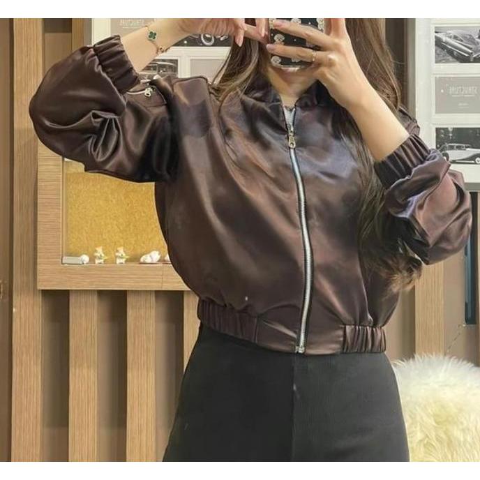 JAKET BOMBER KOREAN STYLE - JAKET WANITA - BAHAN SATIN PREMIUM - MODEL TERBARU - BUKAN JAKET MUSIM D