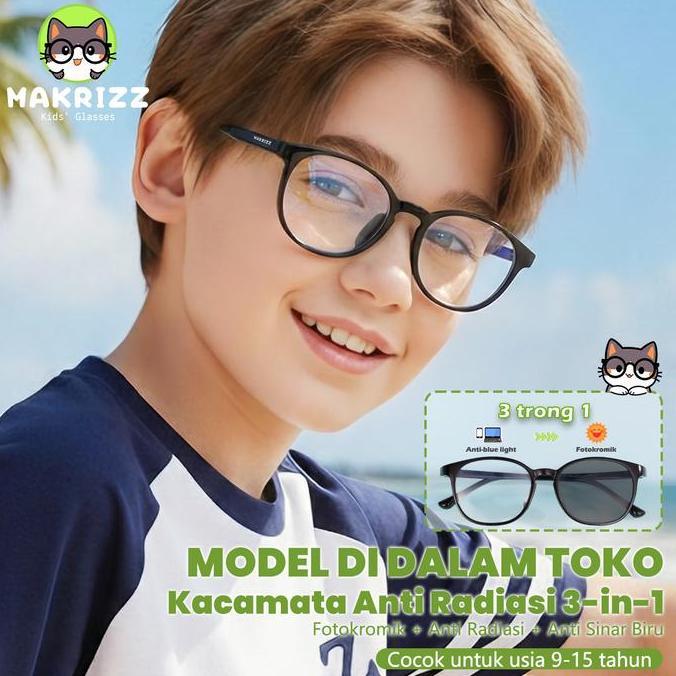 MAKRlZZ Kacamata Anak 2IN1 Photochromic Anti Radiasi - Hidung Silikon Nyaman Anti Lecet + Bonus Tali