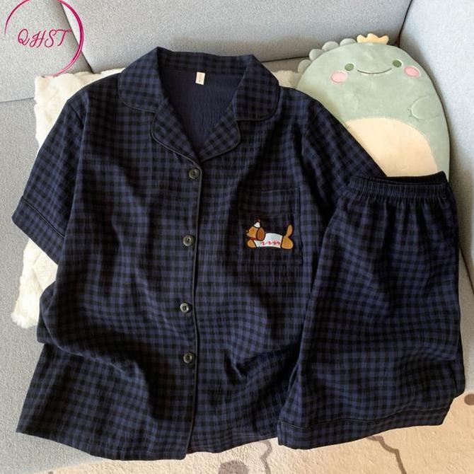 Qhst Piyama Set Wanita Satin Anak Anjing Natal Hitam | Lengan Pendek Celana Pendek | Baju Tidur Wani