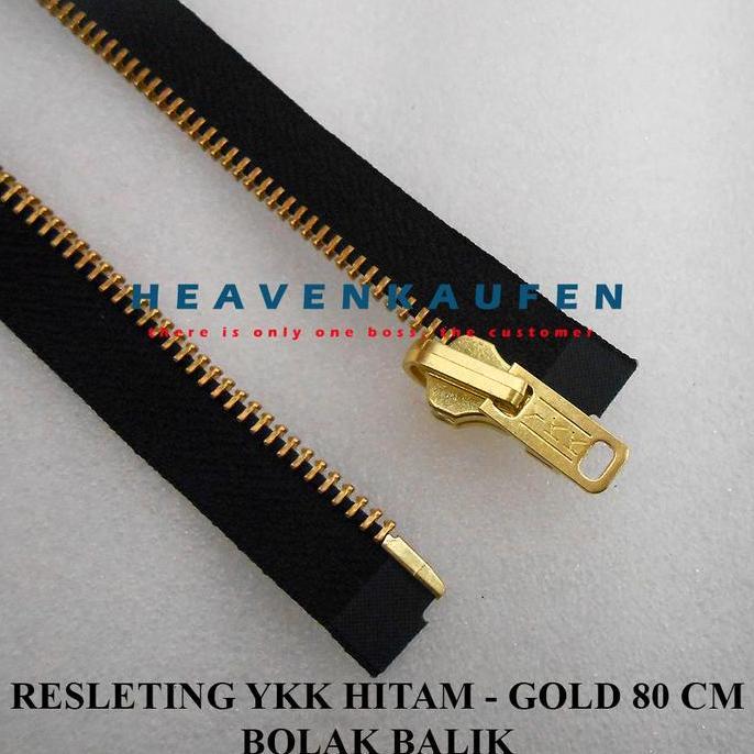 Resleting Zipper Jaket YKK 80 cm Type Gigi Besi Kain Hitam - Gold Emas Bolak Balik Harga Per Pc