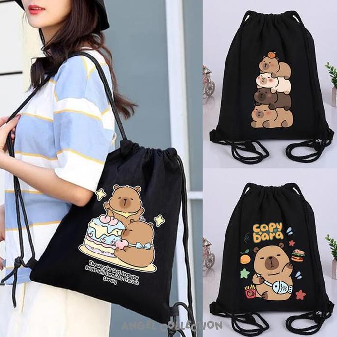 TERLARIS STRING BAG TAS SERUT HITAM 100% KANVAS CAPYBARA AESTHETIC UKURAN 30X40