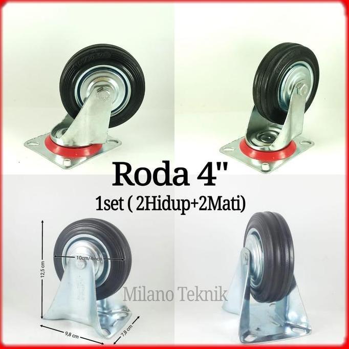 Roda Troli 4 inchi 1set(2Hidup+2 Mati) Roda Karet/Etalase/Gerobak/Trolley 4inchi