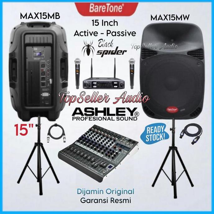 Paket Sound System karaoke Speaker BareTone 15 Inch ( Active - Passive ) Mixer Ashley 8 Chanel 2 Mic