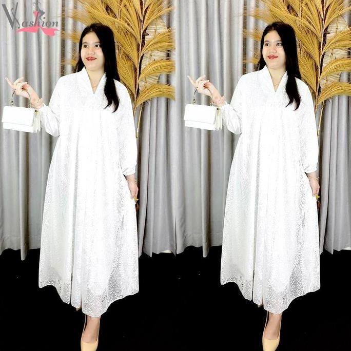 Gamis Brukat Tile Polos Putih Kartini A-Line Baju Muslim Vima 75385