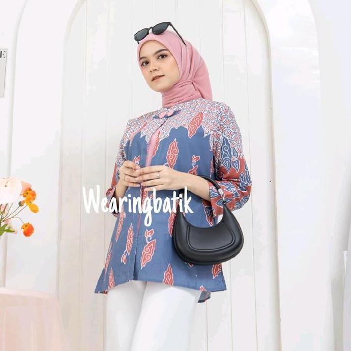 BELI Blouse Mega Mendung - Baju Batik Wanita Kerja Blouse Motif Mega Mendung Warna soft BELI