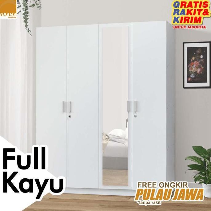 FULL KAYU - Kirana Lemari Pakaian / Lemari Baju 4 Pintu + Kaca Madison