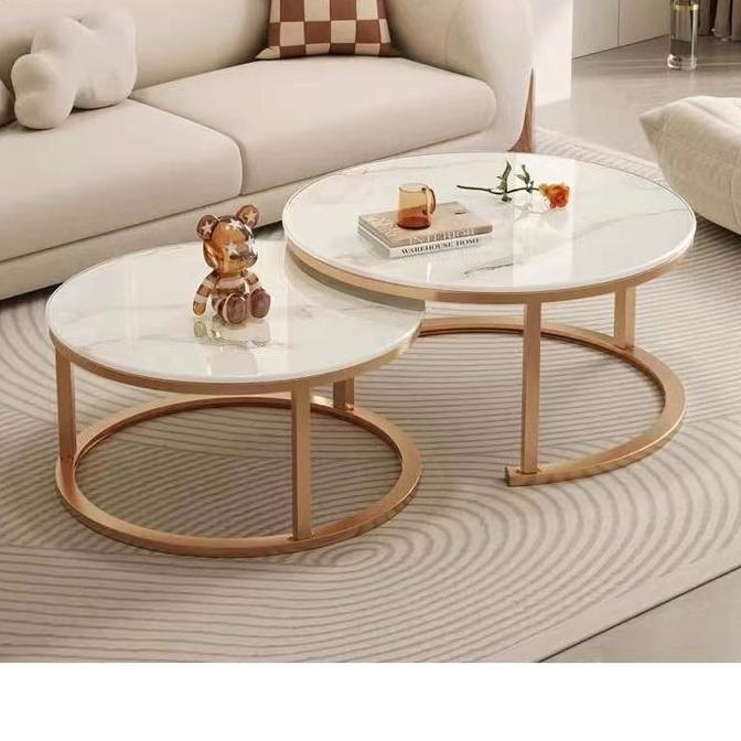 Meja Tamu Bulat Meja Besi Estetik Meja Bundar Ruang Tamu Minimalis Marble Gold Set Meja Besar dan Ke