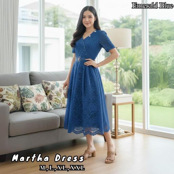 Syaqila Mart Martha Dress Brukat Elegan Midi Tangan Pendek Mewah Kondangan Seragam Natal Pesta Nyama