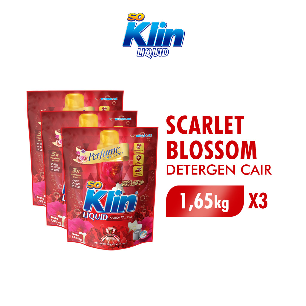 Soklin Deterjen Cair Perfume Merah Scarlet Blossom Pouch 1,65 Kg x3
