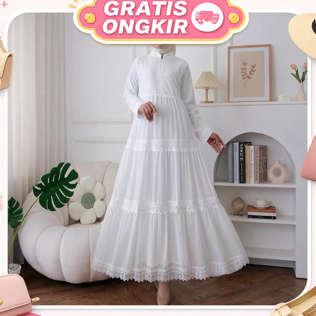 Sakhapremium.Id - Gamis Putih Lebaran 2026 Terbaru Dress Muslimah Baju Muslim Wanita Dewasa Gaun Pes