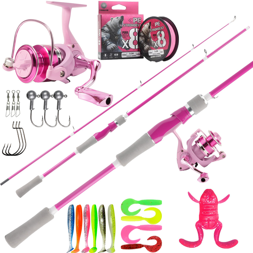 SET ALAT PANCING LENGKAP Joran Pancing Carbon Fiber Pink & Reel Spinning + Senar PE 8X 100M + Paket 