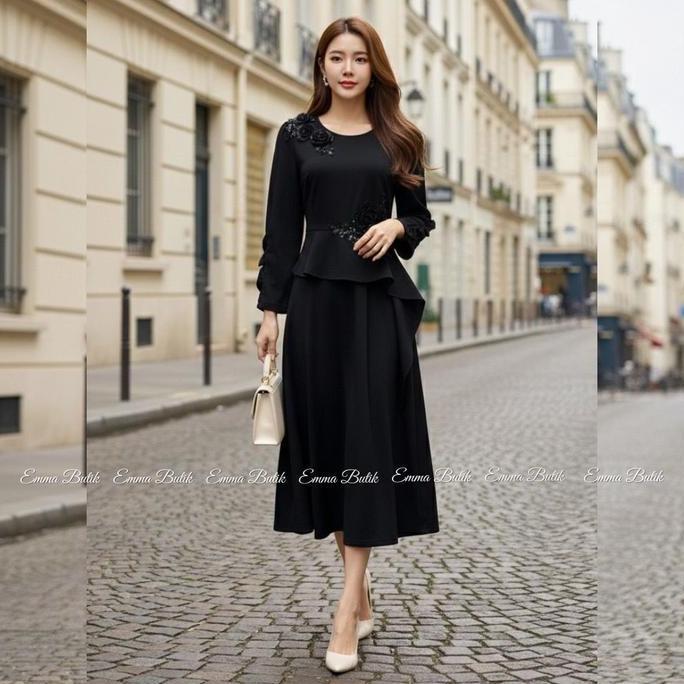 Emma.butik E00659 Gaun Gereja Wanita Midi Dress Formal Pesta Lengan Panjang Mewah Polos Crew-neck Ko