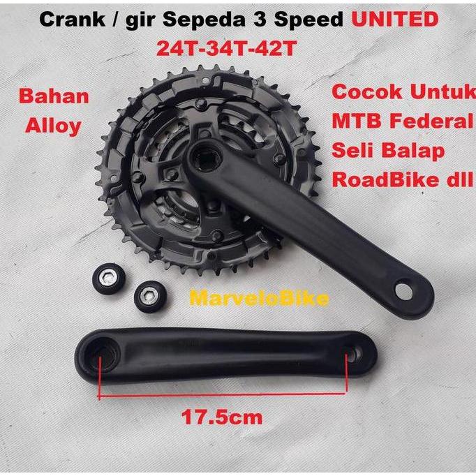 CRANK GIR DEPAN SEPEDA 3 SPEED 24-34-42T ALLOY MERK UNITED TERMURAH