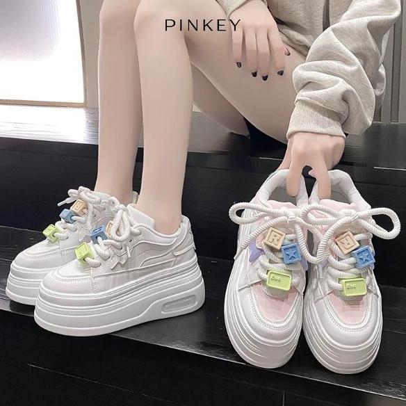 PINKEY P303 Sepatu Sneakers Boots Tinggi Wanita Sneakers Shoes Hak Tebal Casual Sport Putih Kasual