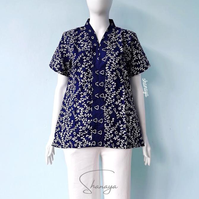 BEST SELLER  Shanaya baju batik wanita Blus sakura navy model kekinian baju kerja wanita lengan pend