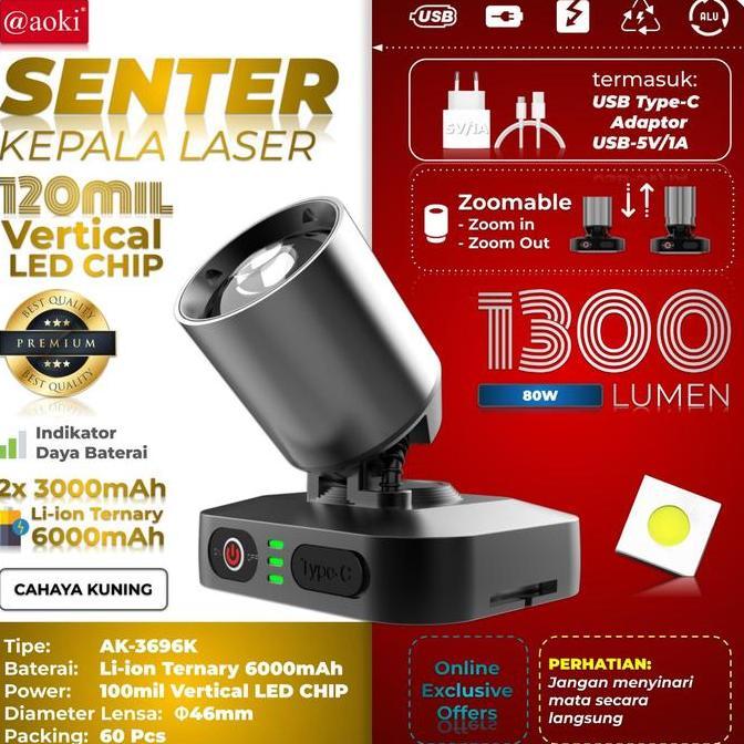 Lightx- Senter Kepala Led Laser Aoki Ak-3695A 80Tt 1300 Lumen Dengan Baterai 6000Mah -Zoom Jarak Jau