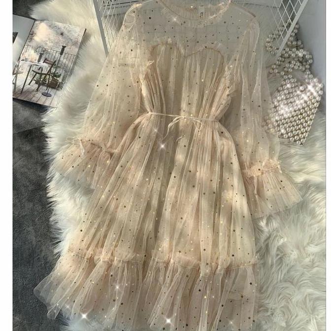 TERBARU  Shimmer Dress Lace mesh Motif Floral vintage Maxi Dress Tunik Brukat Wanita Biru Casual Gau