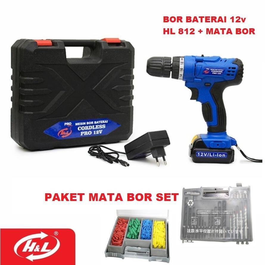 LARIS PAKET MESIN BOR BATERAI CORDLESS DRILL H&L HL812 + MATA BOR SET