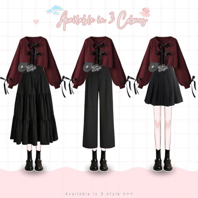 UPFRADE STYLE  KUKI OUTFIT - Fairy 1 Set Outfit Wanita (Cardigan Pita, Rok, Celana, Hijab) Douyin Ou