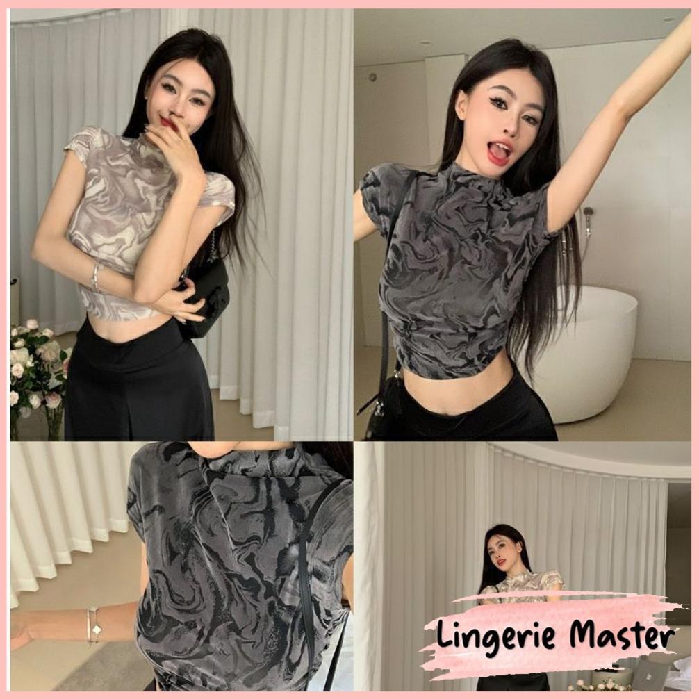favorit [ lingerie master ] - (t-148) crop top marble short sleeve pakaian atasan wanita import