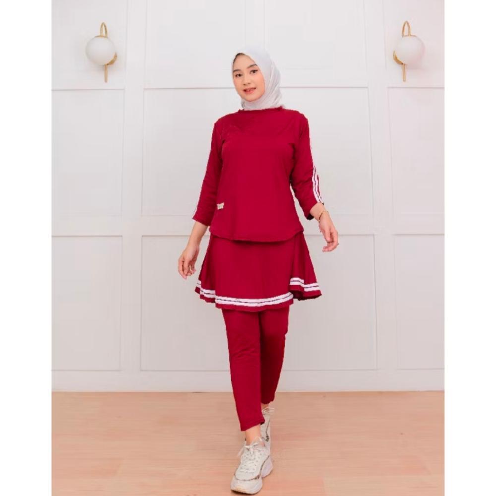 Unik Baju Setelan Olahraga Wanita Terbaru-Set Baju Kaos Dan Rok Leging Senam Zumba Aerobik Renang Ma