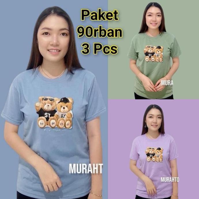 100rban Dapat 3 Pcs Kaos Wanita Motif Bear Me 2 Lengan Pendek Slim-fitting Bahan Babyterry Cocok Unt