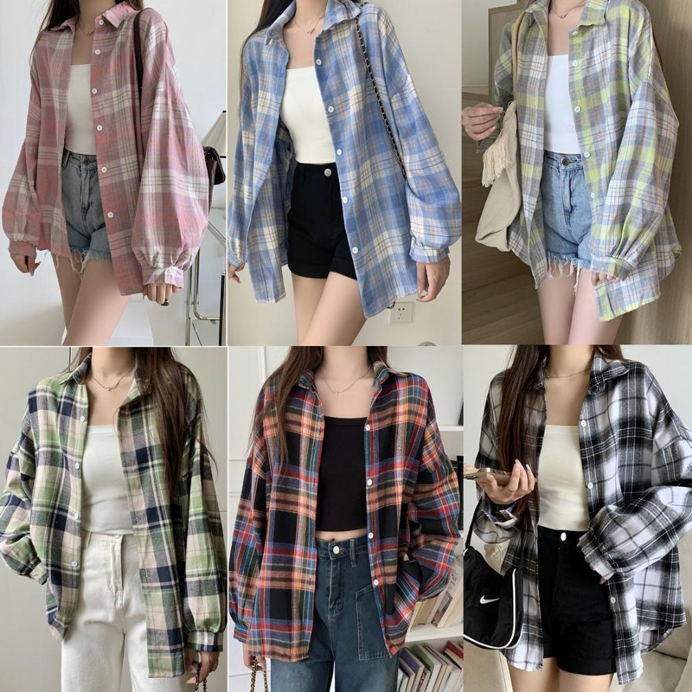 Grade Ori One Step Closer Kemeja Wanita Flanel Oversize Bubble Sleeve Korea Style (S1-010-9077)