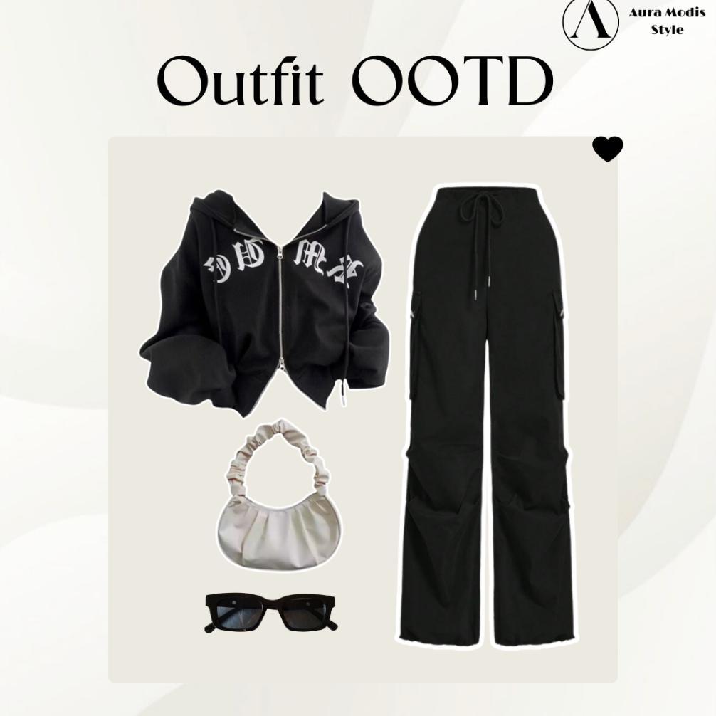 Discount Setelan 4In1 Wanita Premium | Sweater Crop Fleece Adem | Celana Cargo Hitam Jumbo Anti Gera
