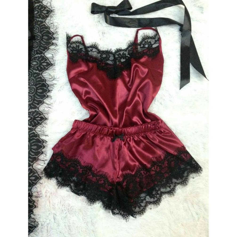 Sale Stelan Piyama Baju Tidur Wanita Tali Satu Celana Pendek Satin Renda #15