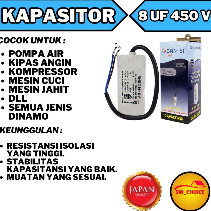 SAN EI KAPASITOR 8UF 450V SANEI BULAT CAPACITOR SAN-EI 8 UF MIKRO 450 VOLT SAN EI